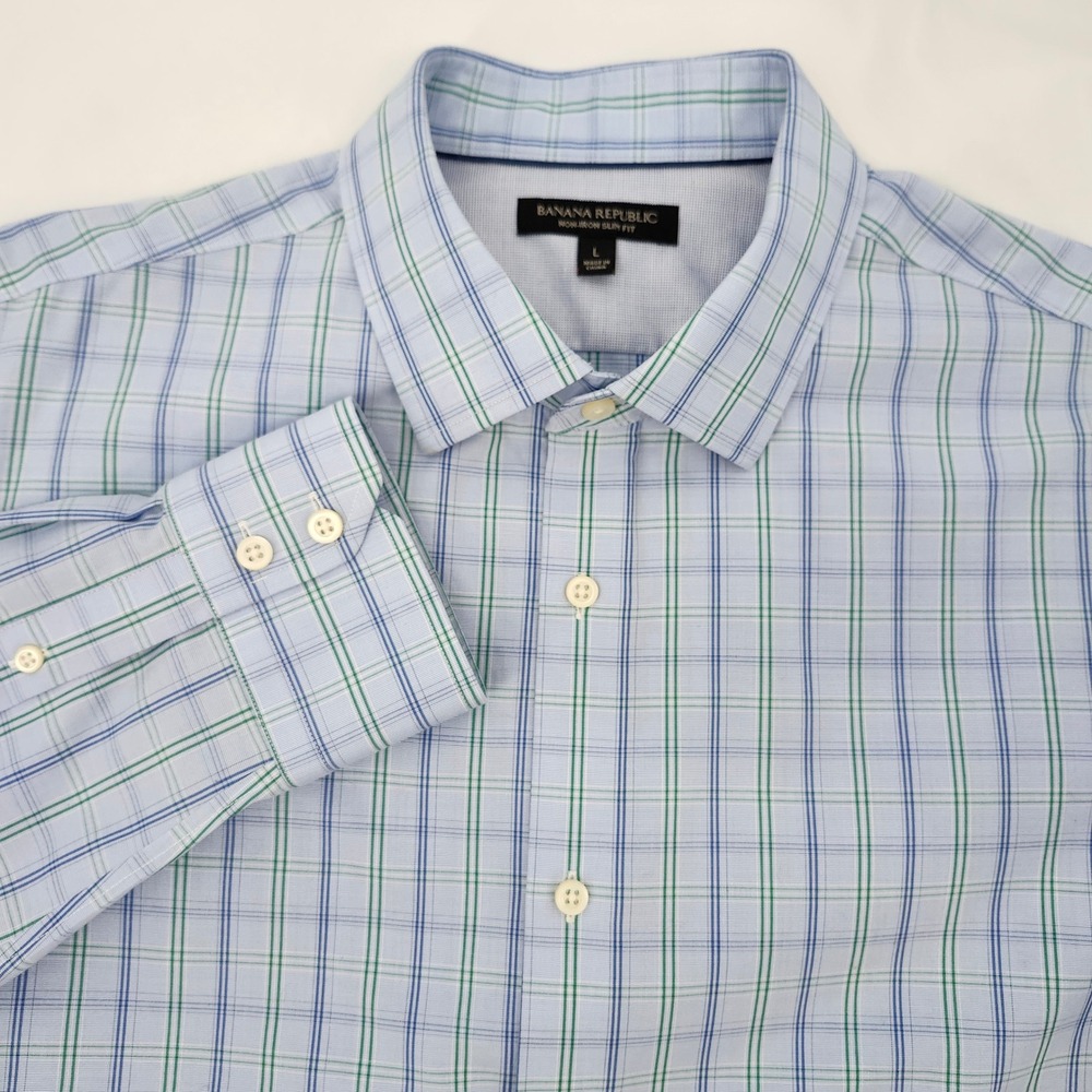Banana Republic Mens Non Iron Slim‎ Fit Dress Shirt Large Light Blue Green Plaid